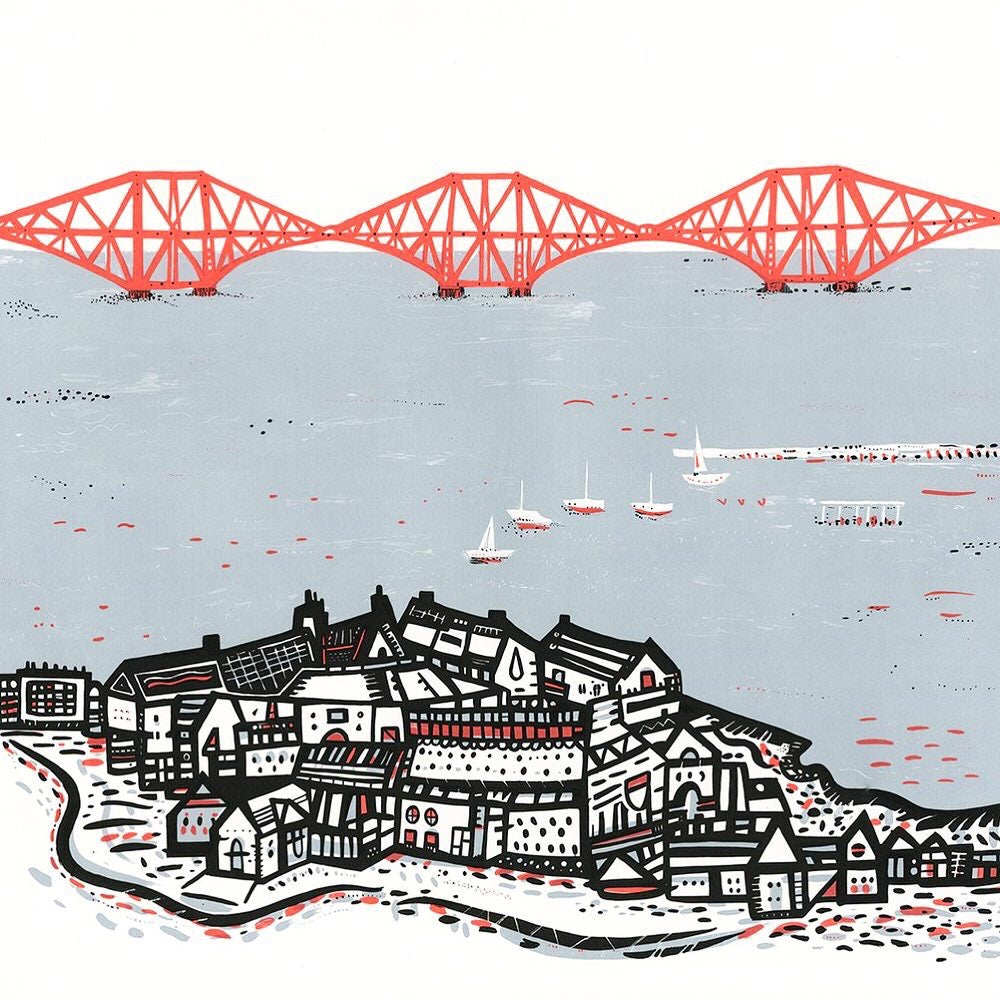 the red forth railbridge sits in pale blue water with south queensferry in the foreground