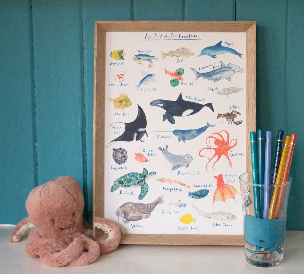 A to Z of sea creatures art print by fiona purves 