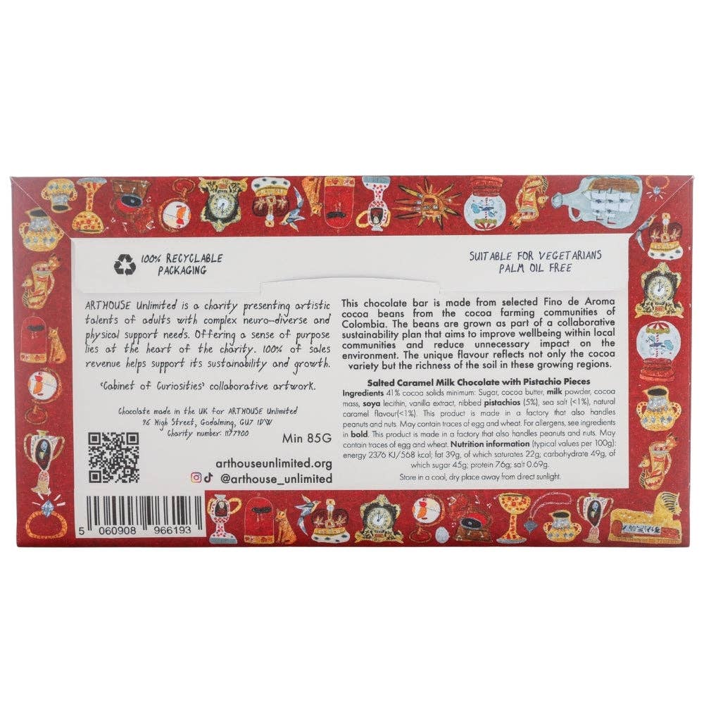 Cabinet of Curiosities, Salted Caramel Milk Chocolate with Pistachio Pieces