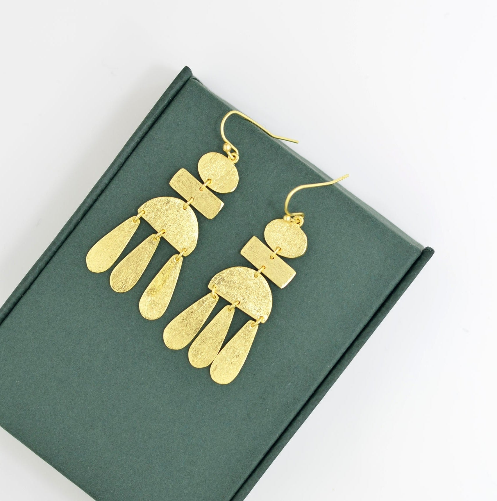 Long Geometric Brushed Gold Drop Earrings