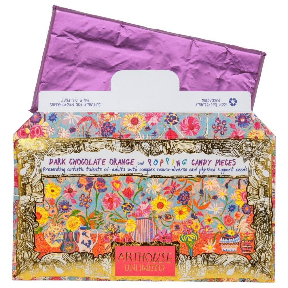 Floral Bright, Dark Chocolate Bar with Orange & Popping Candy Pieces