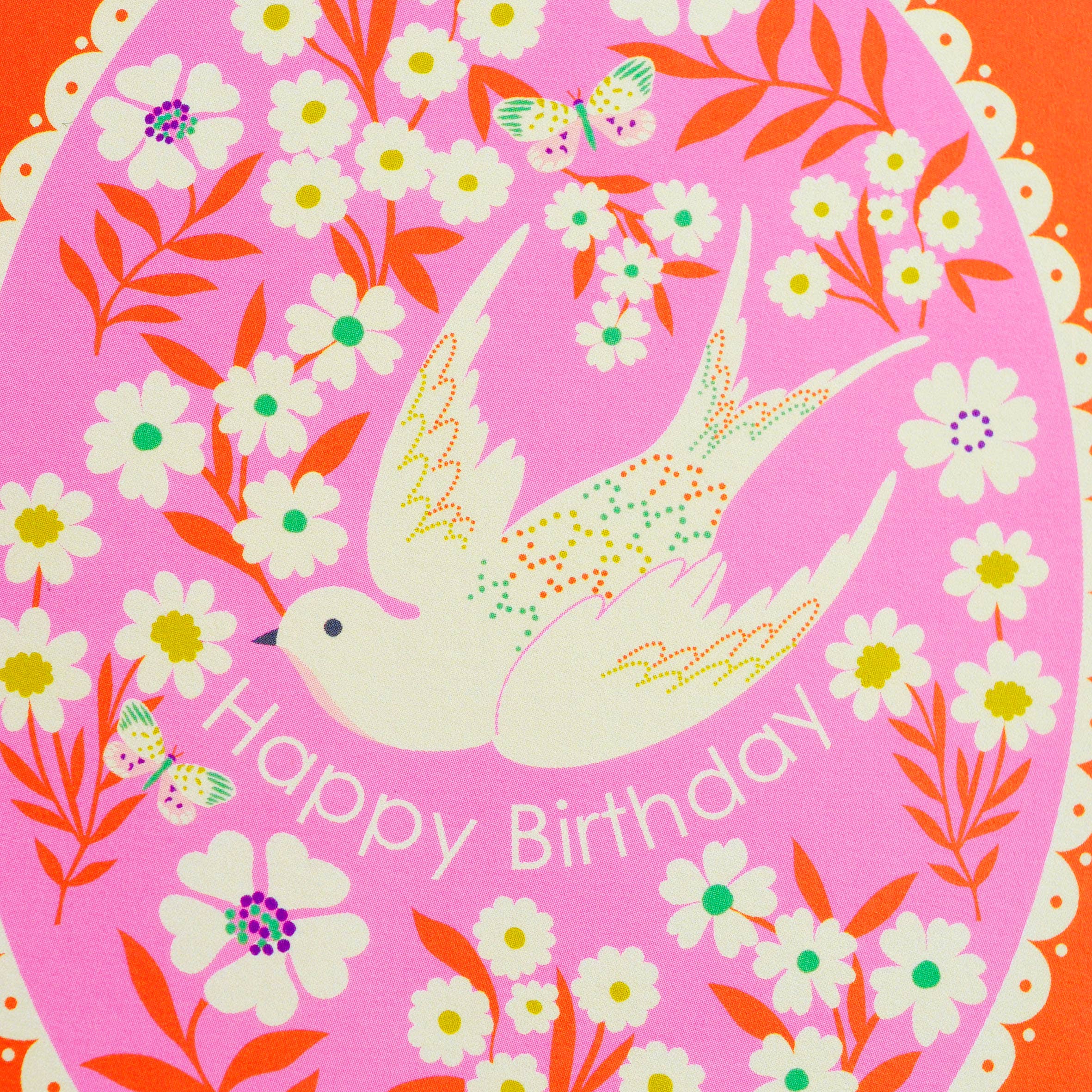 Pretty Happy Birthday Floral & Bird Border Greetings Card