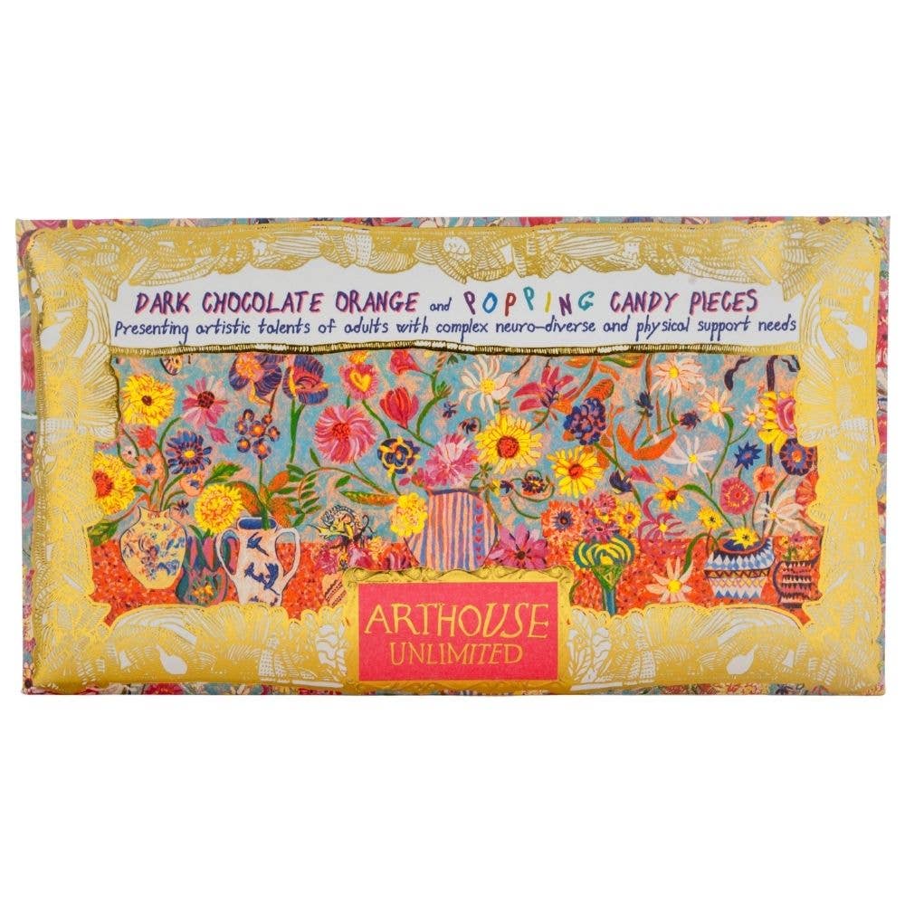 Floral Bright, Dark Chocolate Bar with Orange & Popping Candy Pieces
