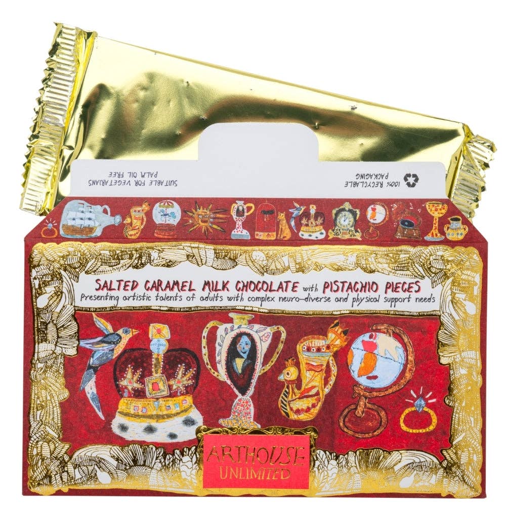 Cabinet of Curiosities, Salted Caramel Milk Chocolate with Pistachio Pieces