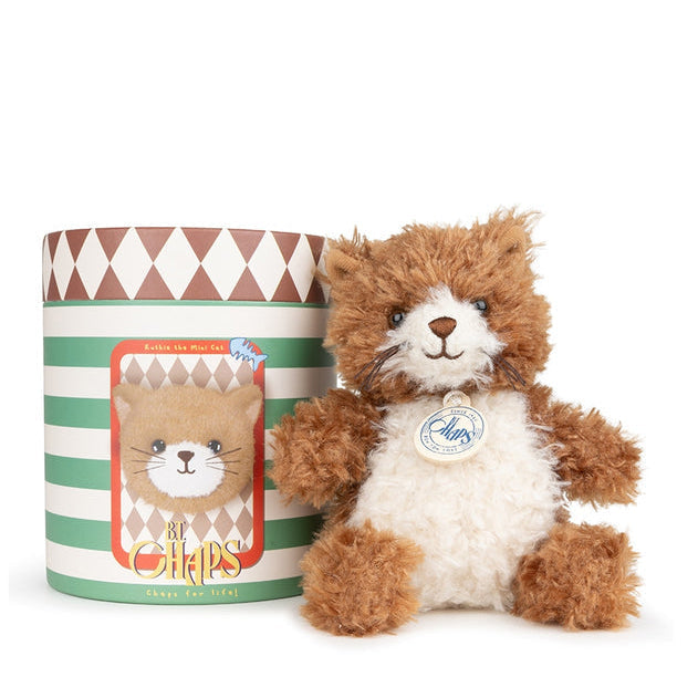 Stuffed cat animal toy with a striped container on a white background