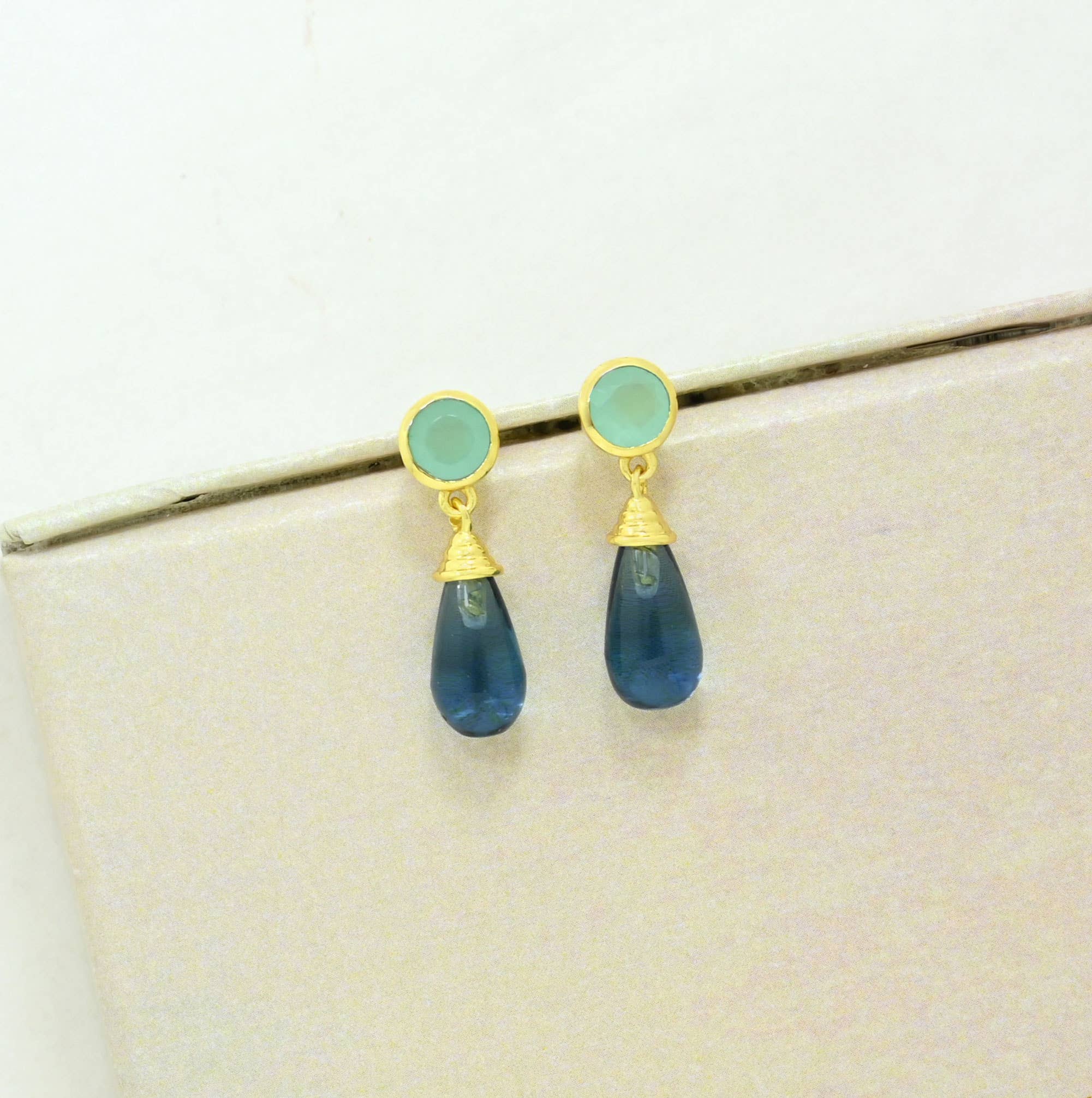 Nevaeh Earring Gold Plated - Aqua Chalcedony & Blue Iolite