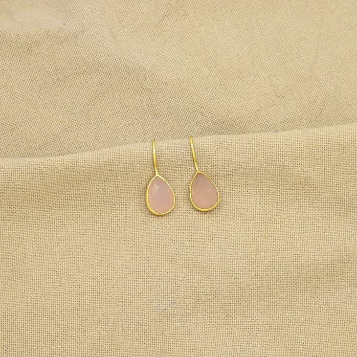 Teardrop Pink Chalcedony Gold Plated Drop Earrings