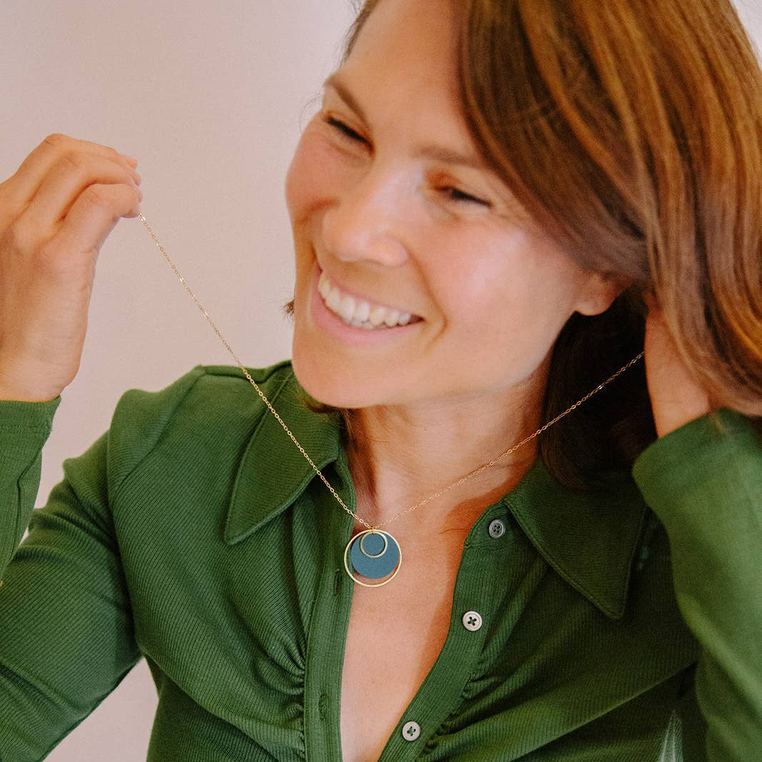 Colour & Brass Double Hoop Pendant Necklace - Teal