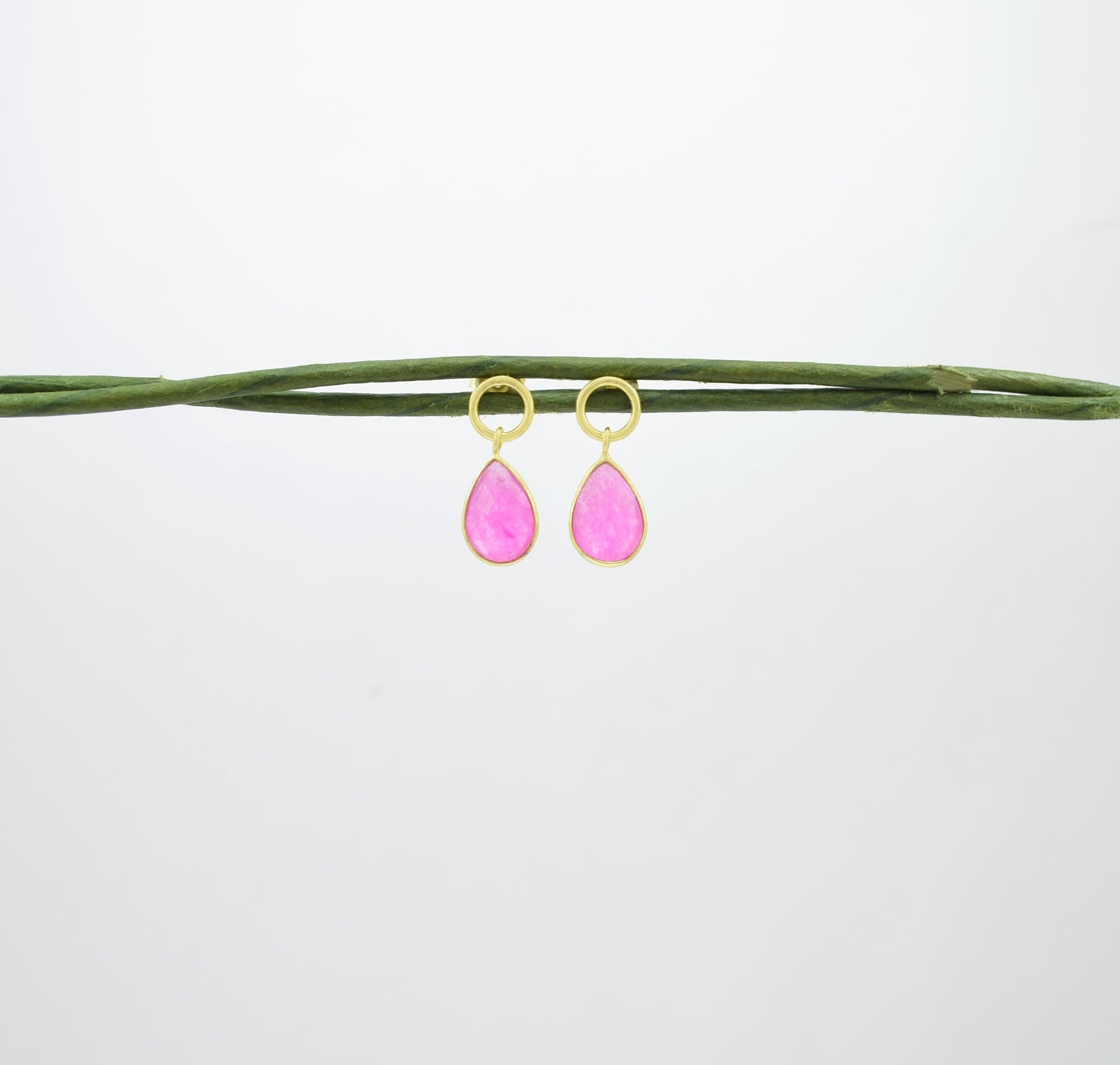 Circle Post Neon Pink Jade Gold Plated Earrings