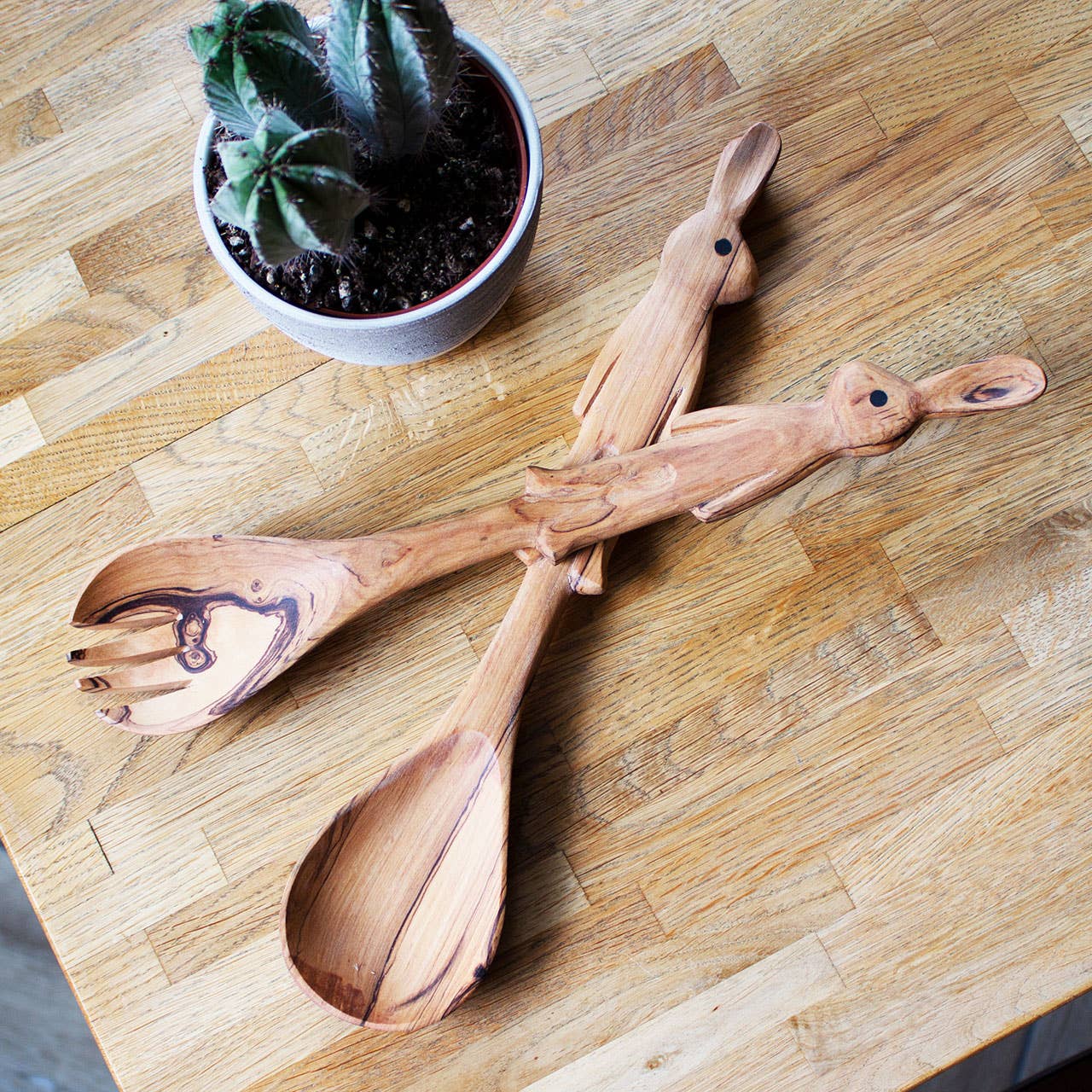 Olive Wood Bunny Salad Servers
