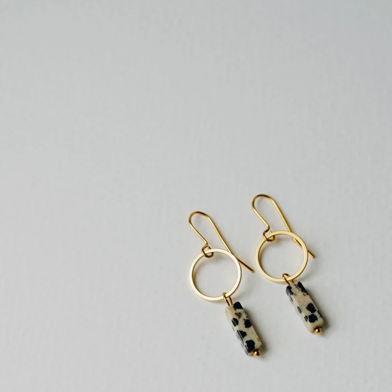 Dalmatian Jasper & Gold Circle Earrings