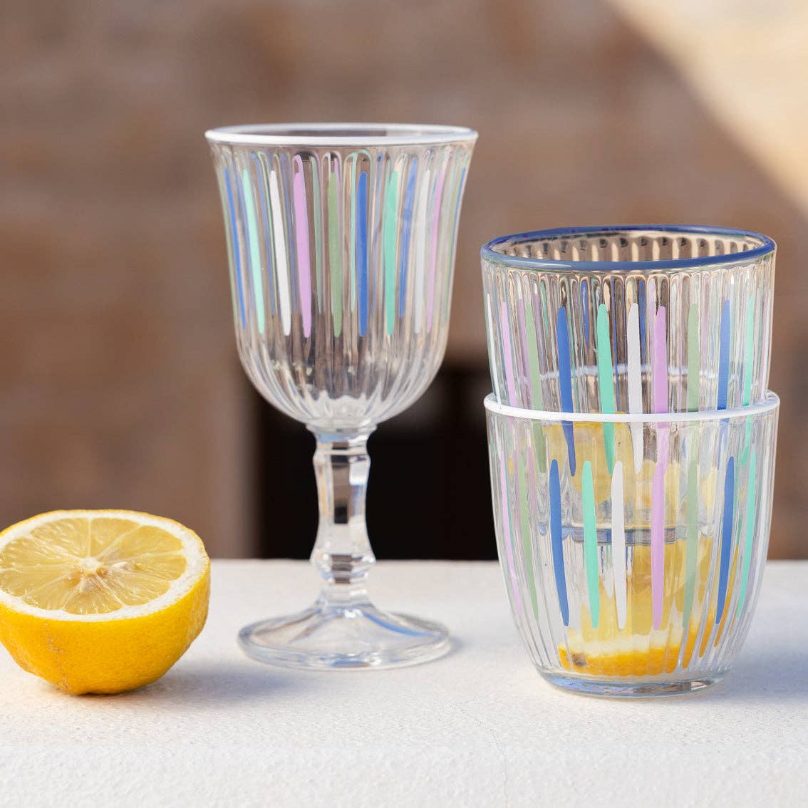 Blue & White Striped Glass Tumblers