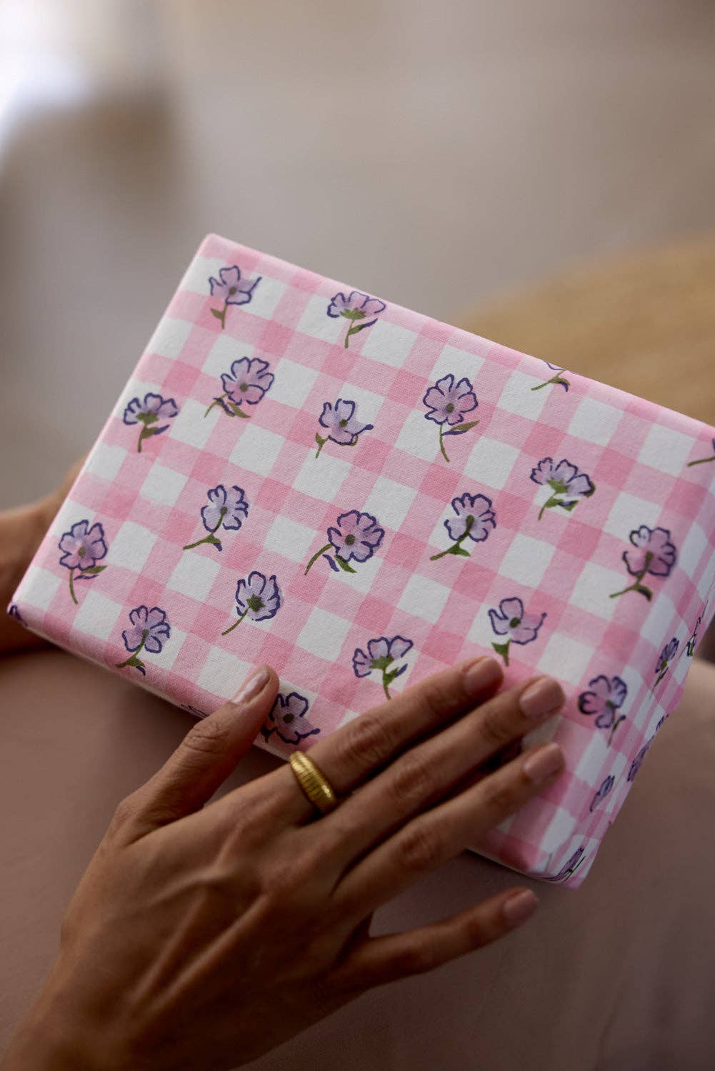 Gingham Violet Meringue Block Printed Wrapping Paper