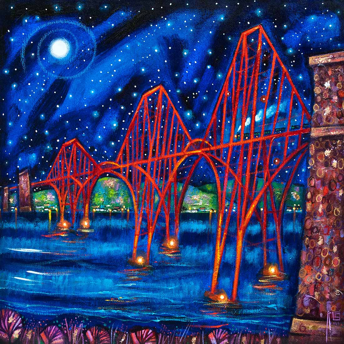 Medium Forth Rail Bridge Night Art Print by Ritchie Collins