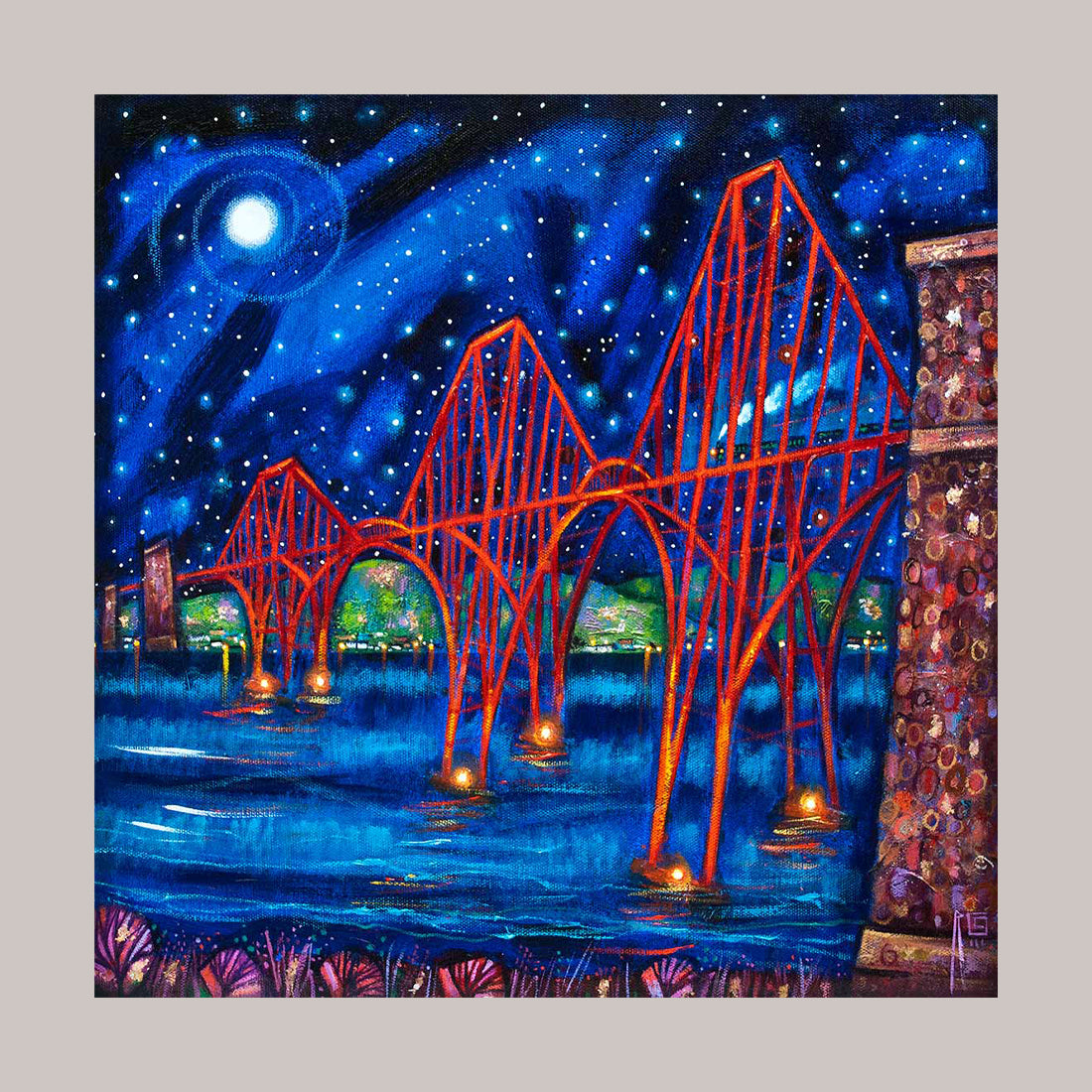 Medium Forth Rail Bridge Night Art Print by Ritchie Collins