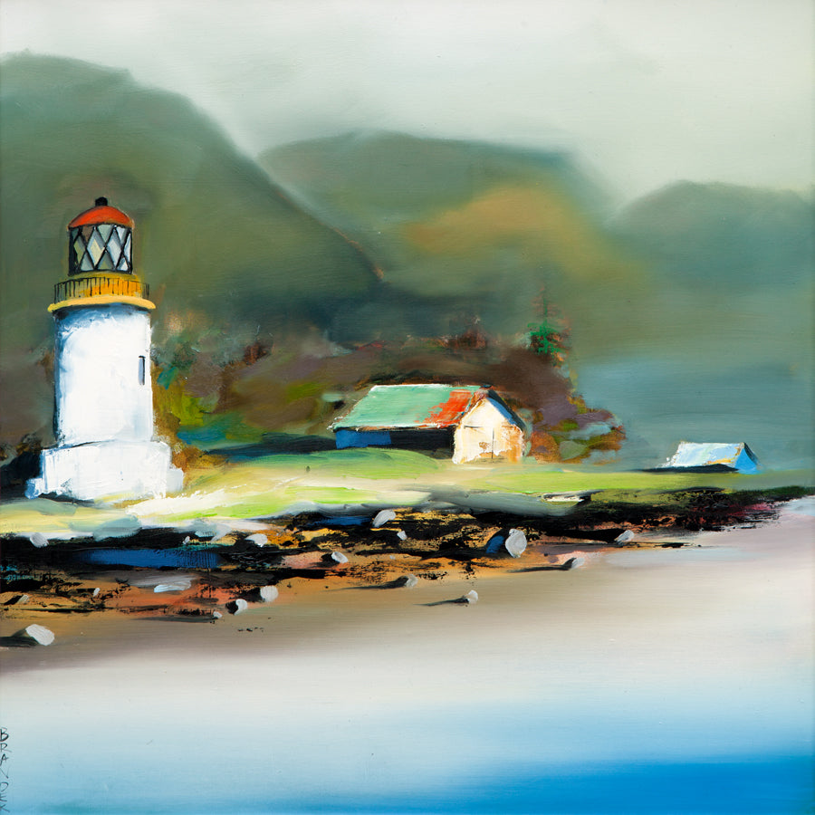 Painting of a lighthouse on a coastal landscape with mountains in the background.