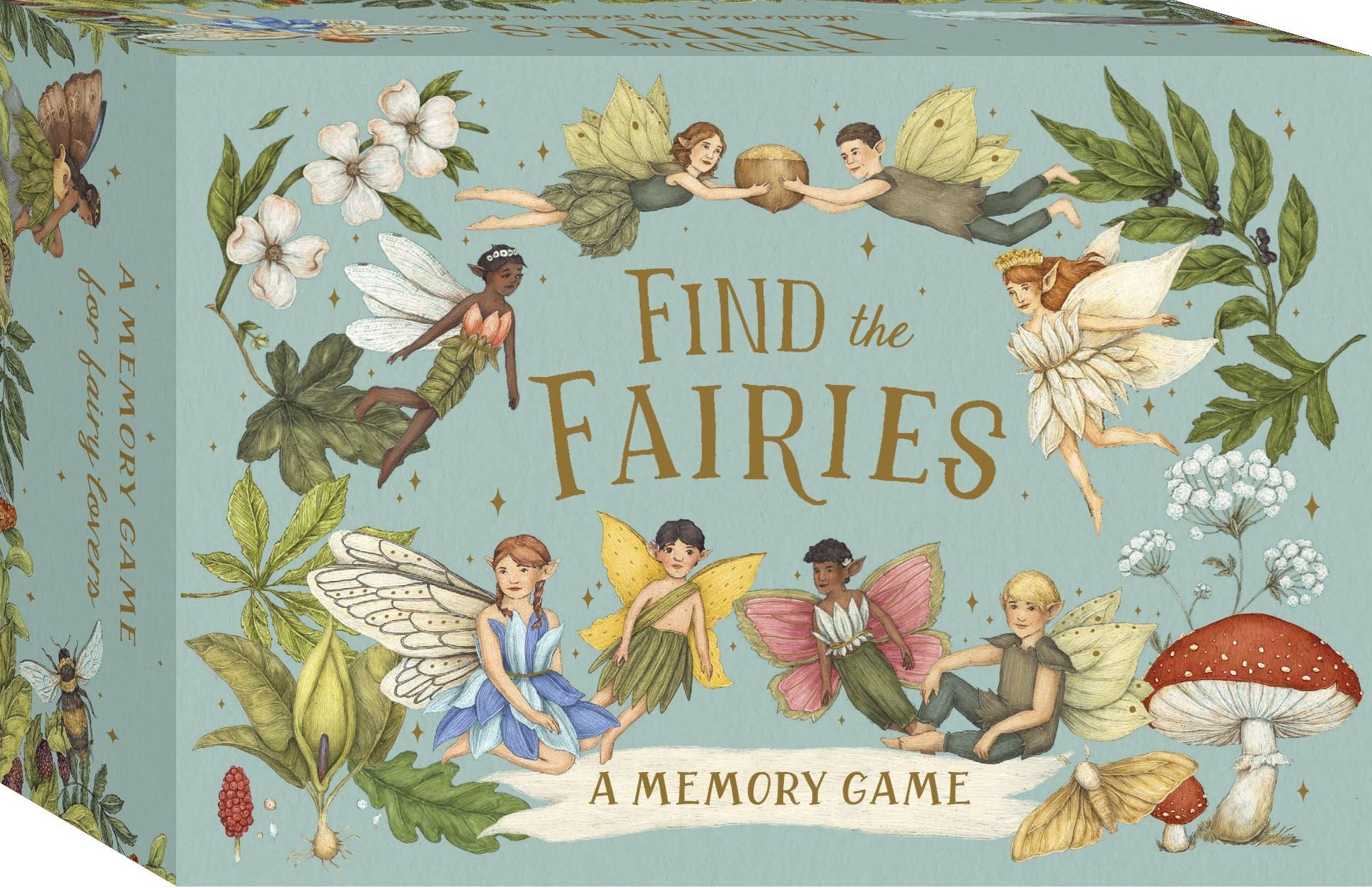 A box of 'Find The Fairies: A Memory Game' featuring illustrations of various fairies, plants, and flowers on a green background.
