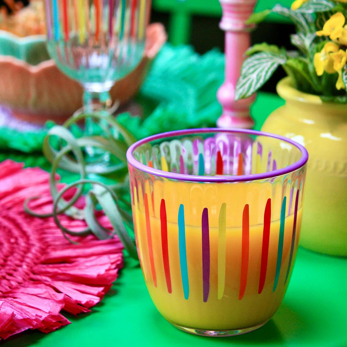 Bright Striped Multi-Coloured Tumbler Glass