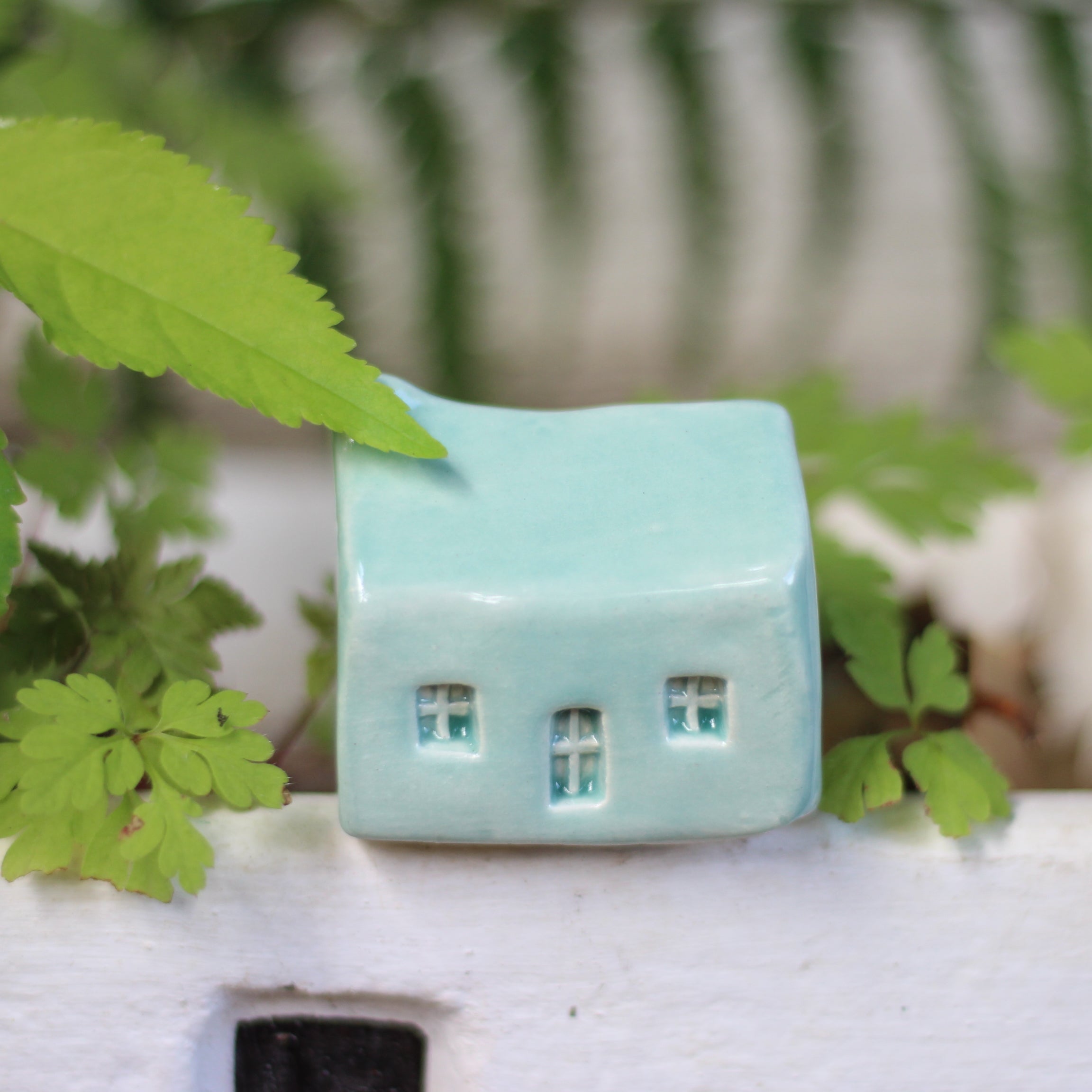 Small turquoise house-shaped object with windows, surrounded by green leaves.