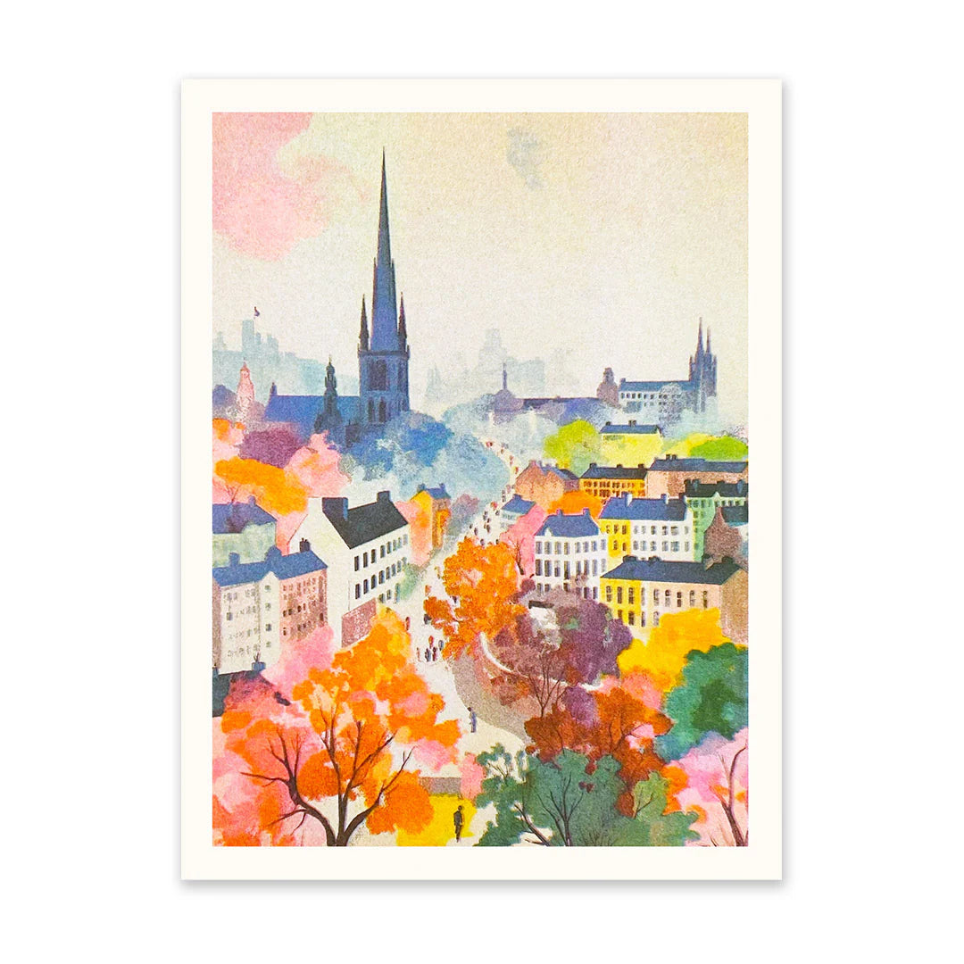 A colorful risograph art print depicting a stylized view of Edinburgh with buildings and trees in autumn colors.
