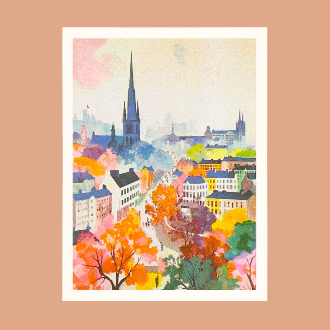 Colorful Edinburgh cityscape illustration with trees and buildings on a white background