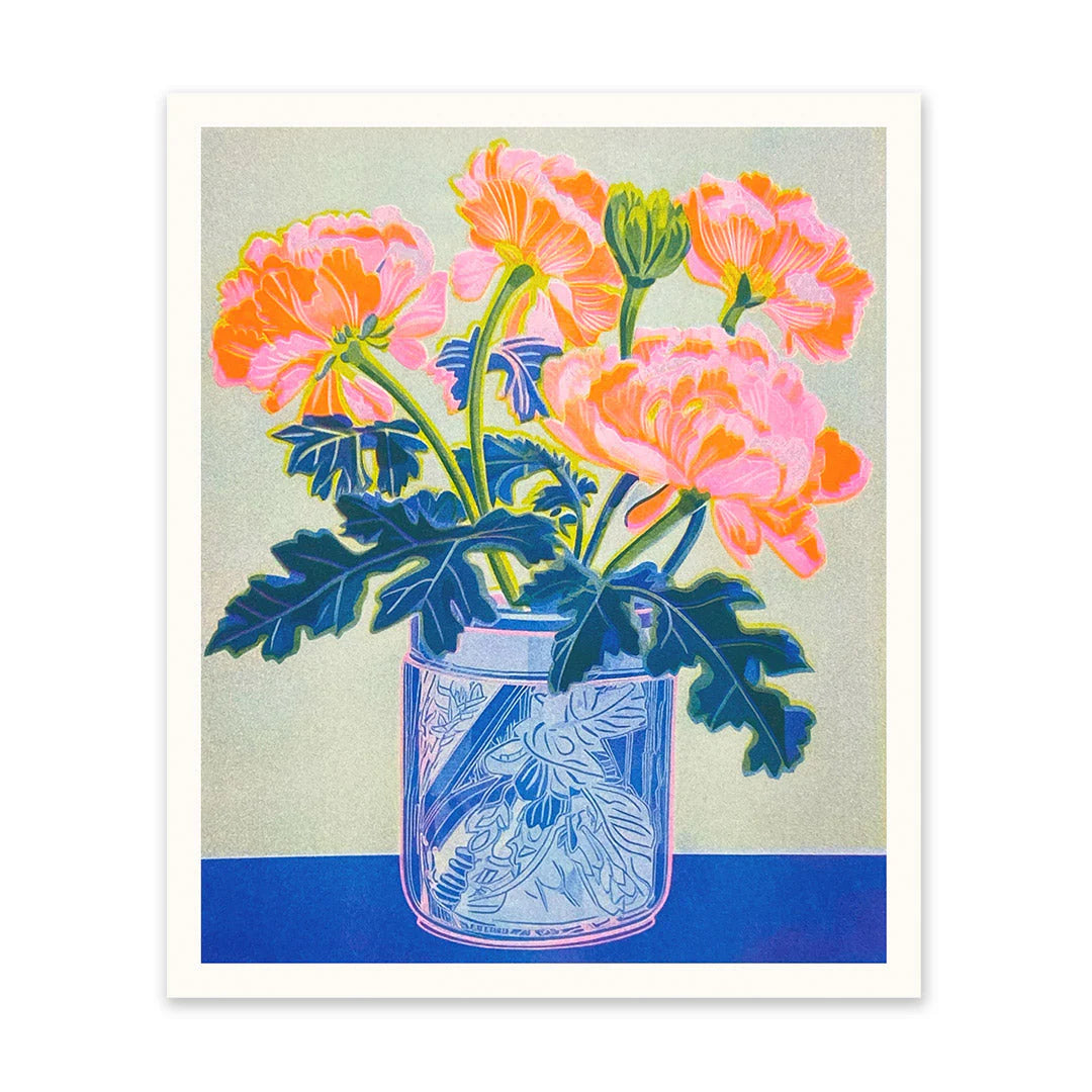 Neon Peonies Risograph Print