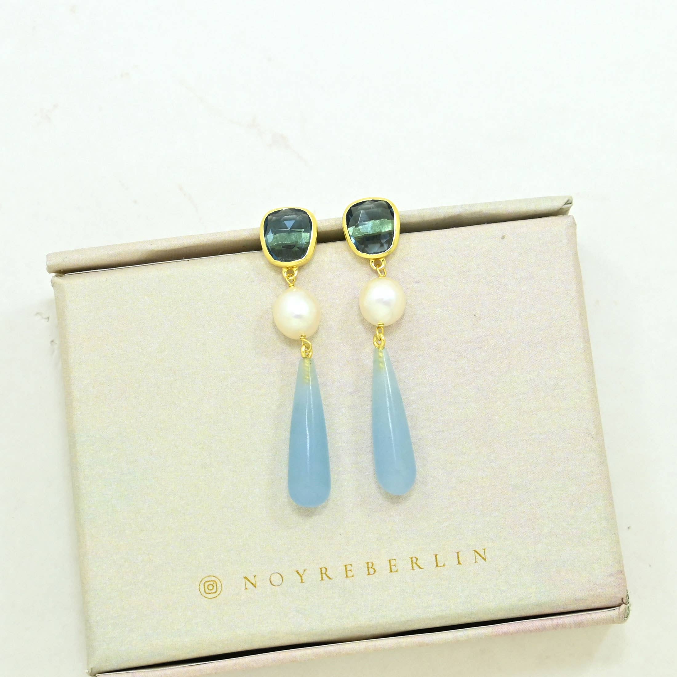 Scarlett Stud Earrings - Pearl, Iolite & Aquamarine Chalcedony
