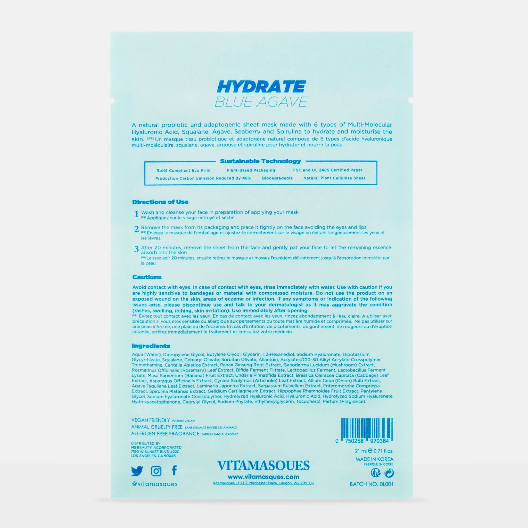 Hydrate Blue Agave Biodegradable Face Sheet Mask