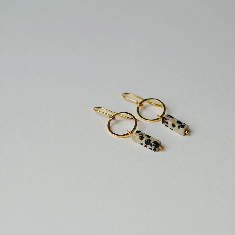 Dalmatian Jasper & Gold Circle Earrings