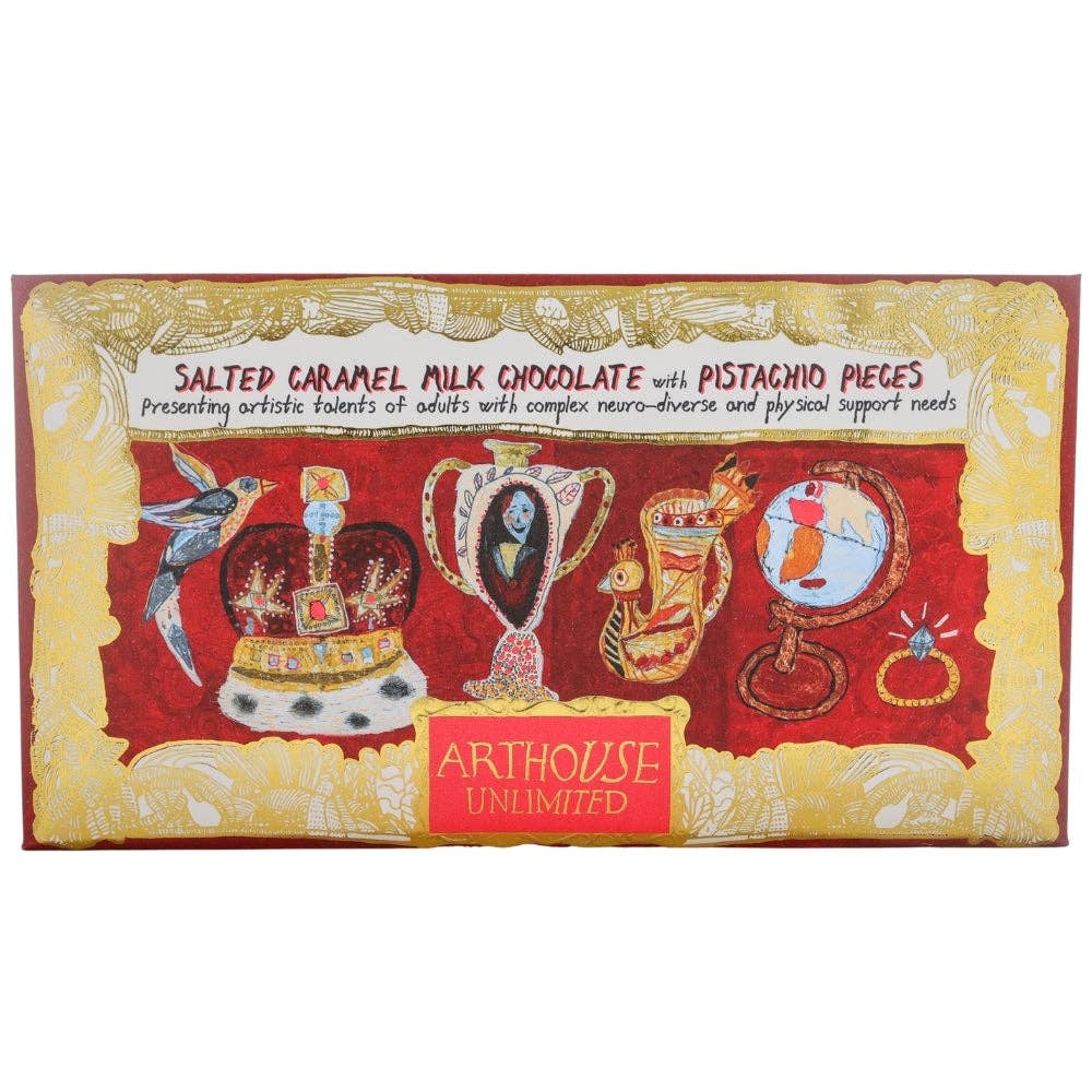 Cabinet of Curiosities, Salted Caramel Milk Chocolate with Pistachio Pieces