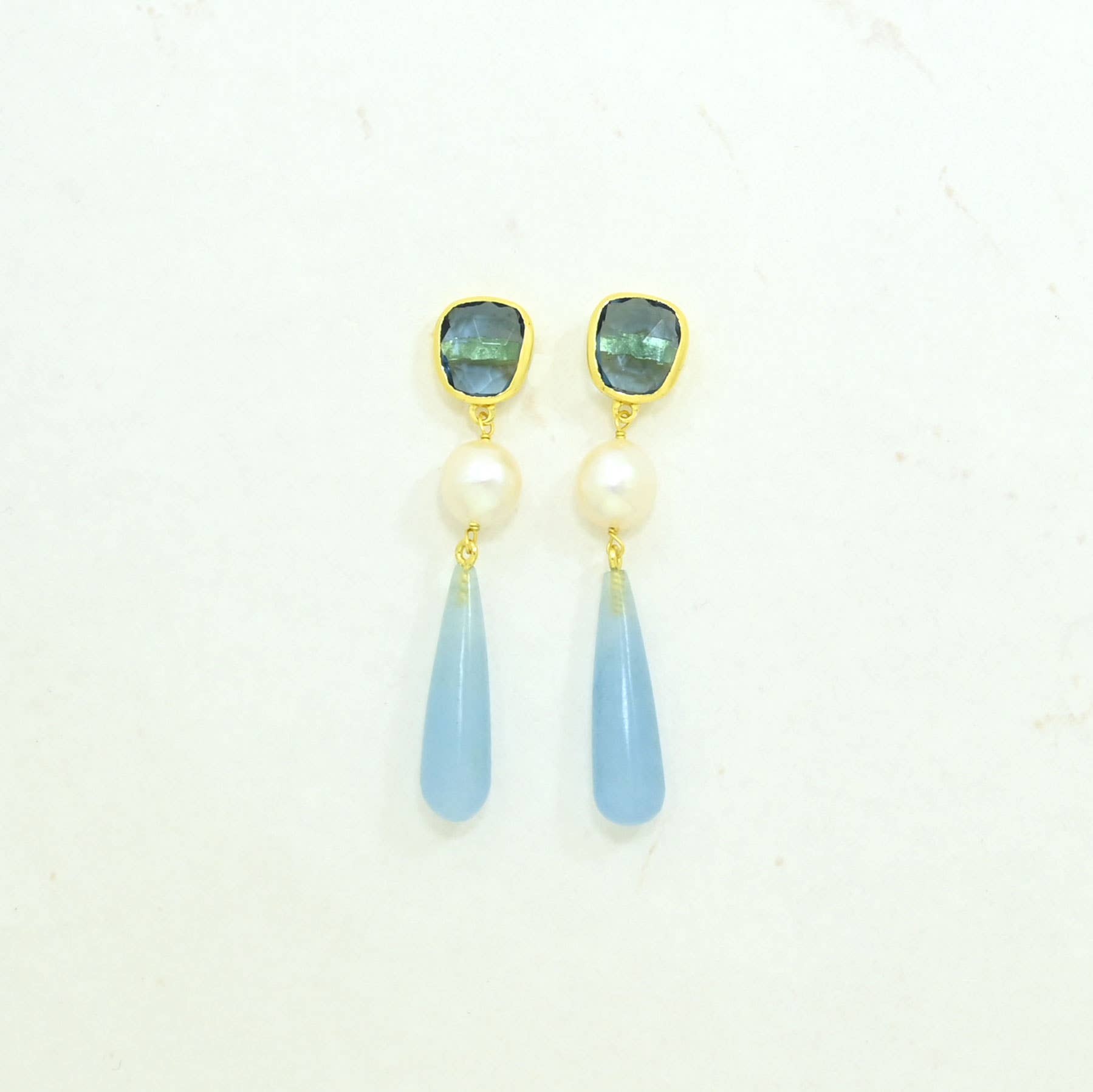Scarlett Stud Earrings - Pearl, Iolite & Aquamarine Chalcedony