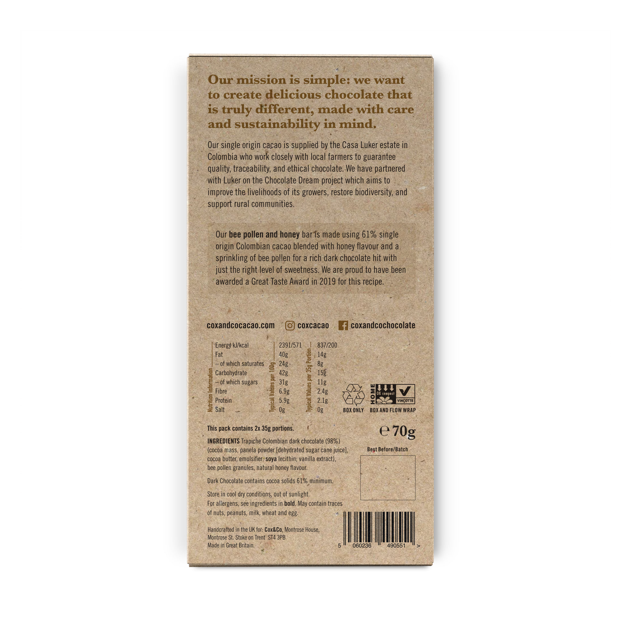 Bee Pollen & Honey Dark Chocolate Bar