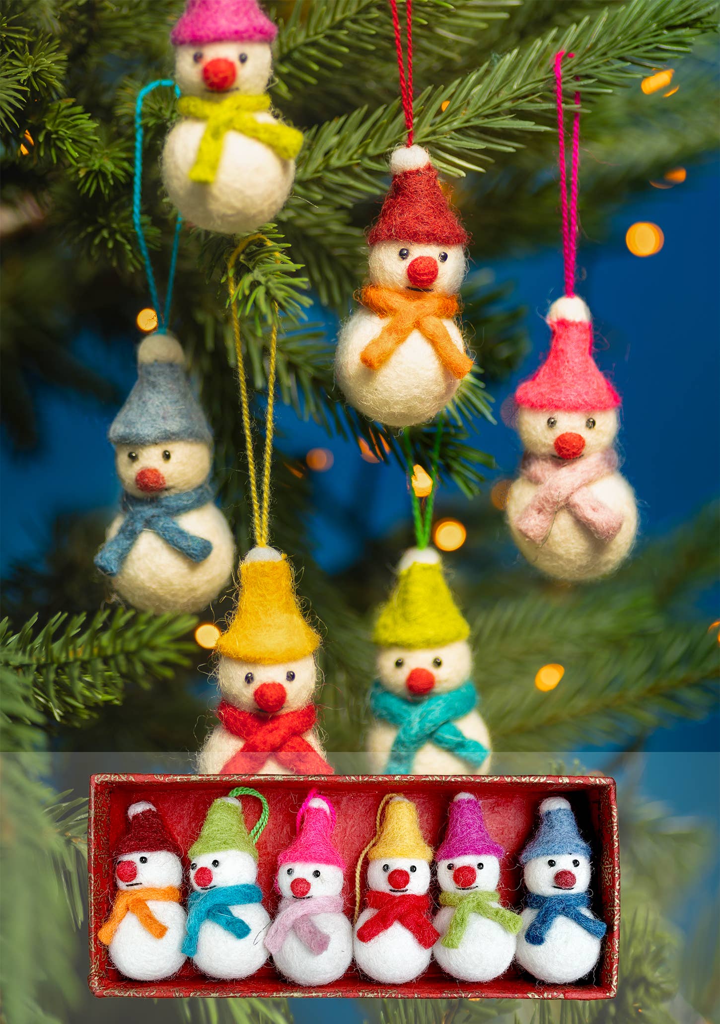 Set Of 6 Mini Hanging Felt Snowmen Decorations