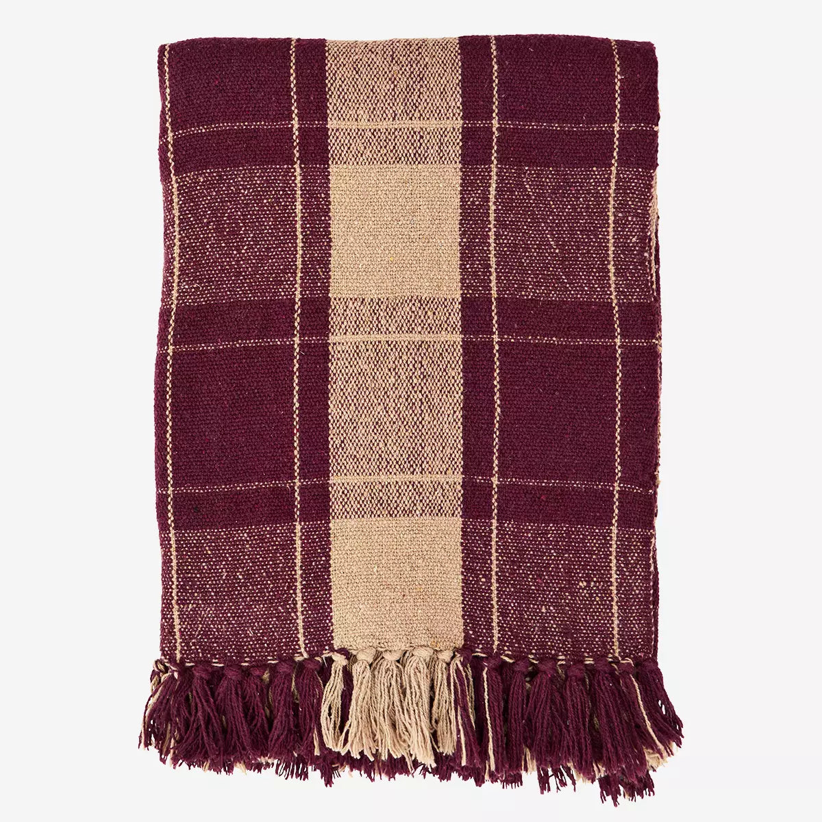 Rich Cream & Burgundy Woven Recycled Cotton Throw