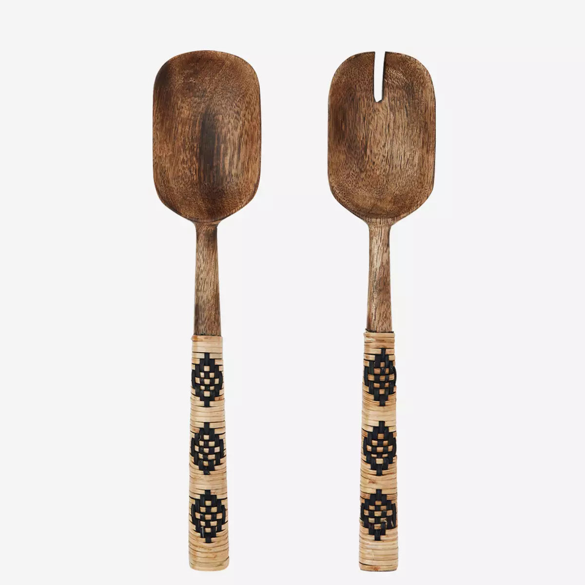 Mango Wood Salad Servers With Black Woven Cane Handle