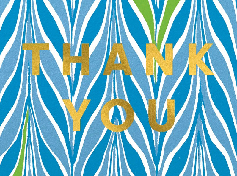 Blue and green patterned card with 'THANK YOU' in gold letters