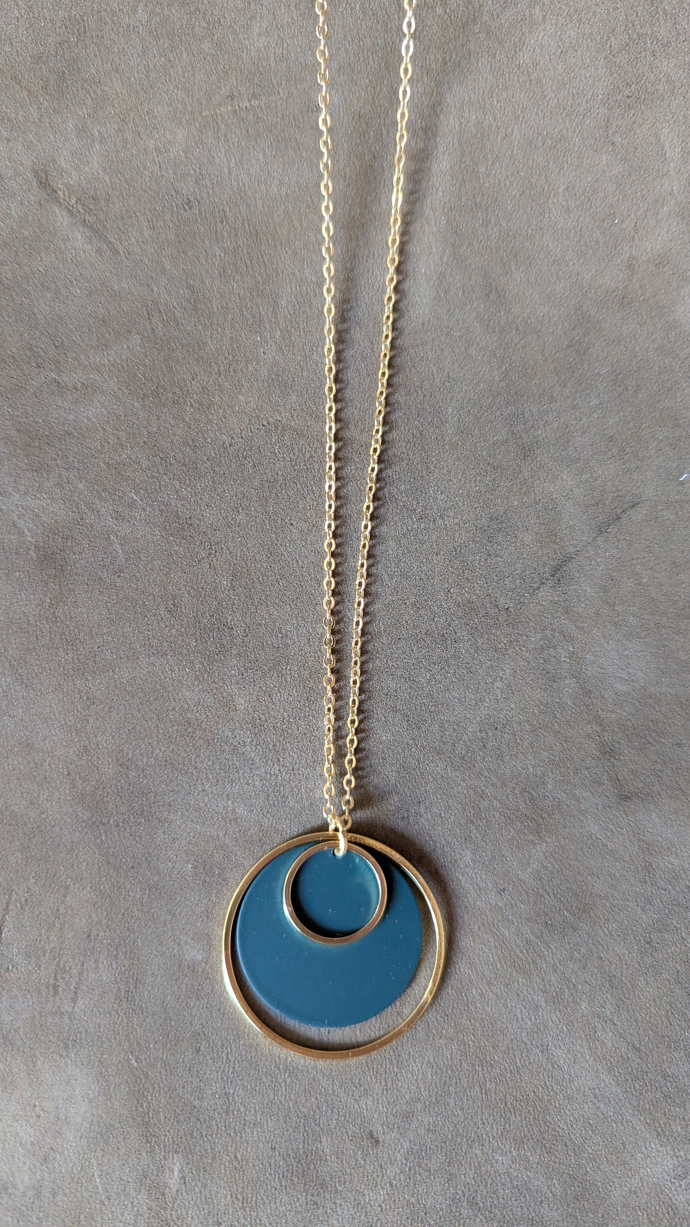 Colour & Brass Double Hoop Pendant Necklace - Teal