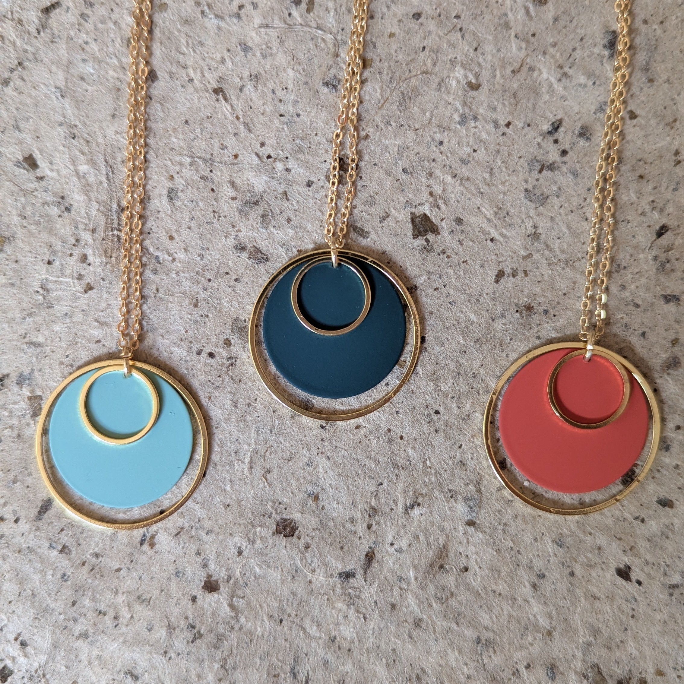 Colour & Brass Double Hoop Pendant Necklace - Rust Orange