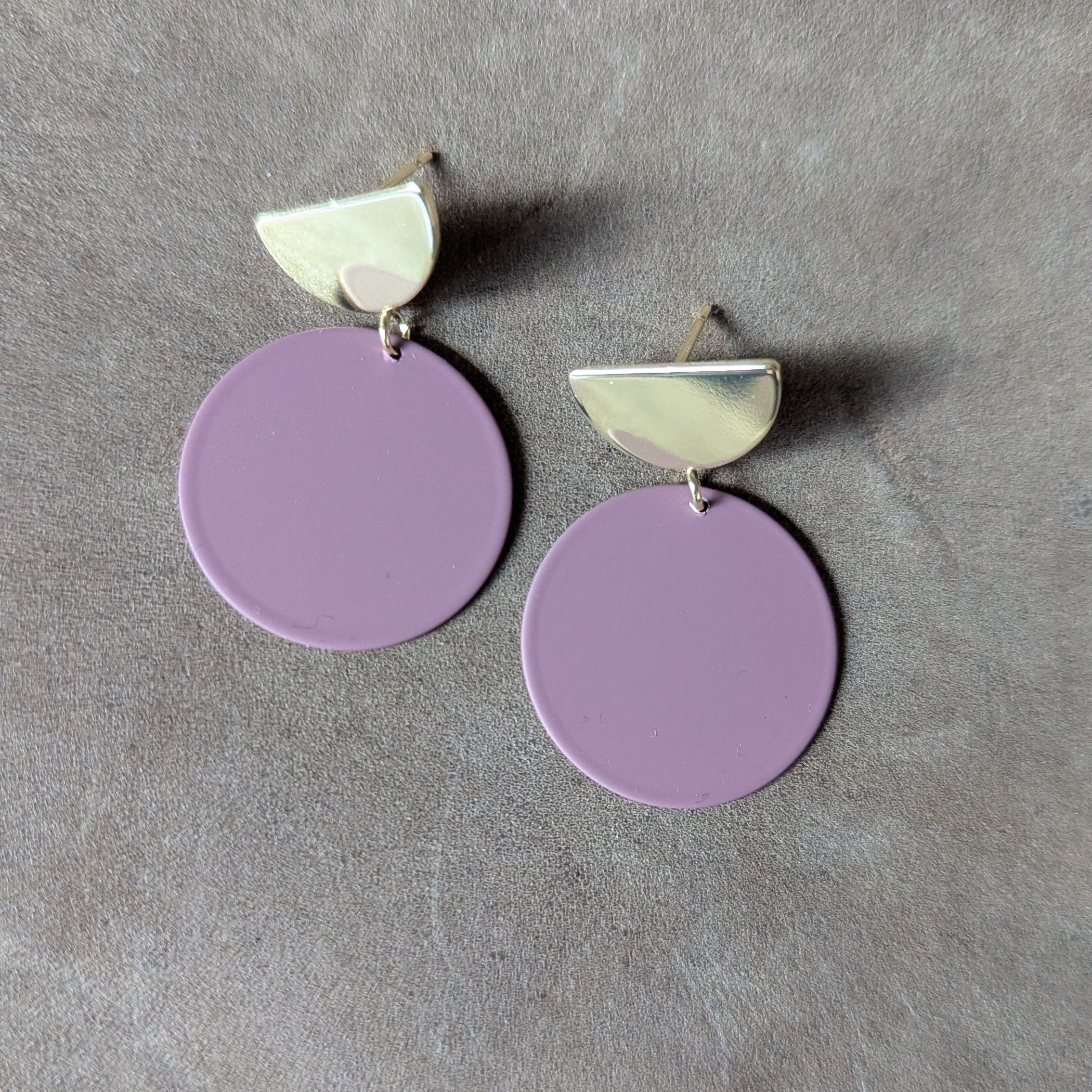 Colour Disc & Gold Semi Circle Stud Earrings - Dusky Pink