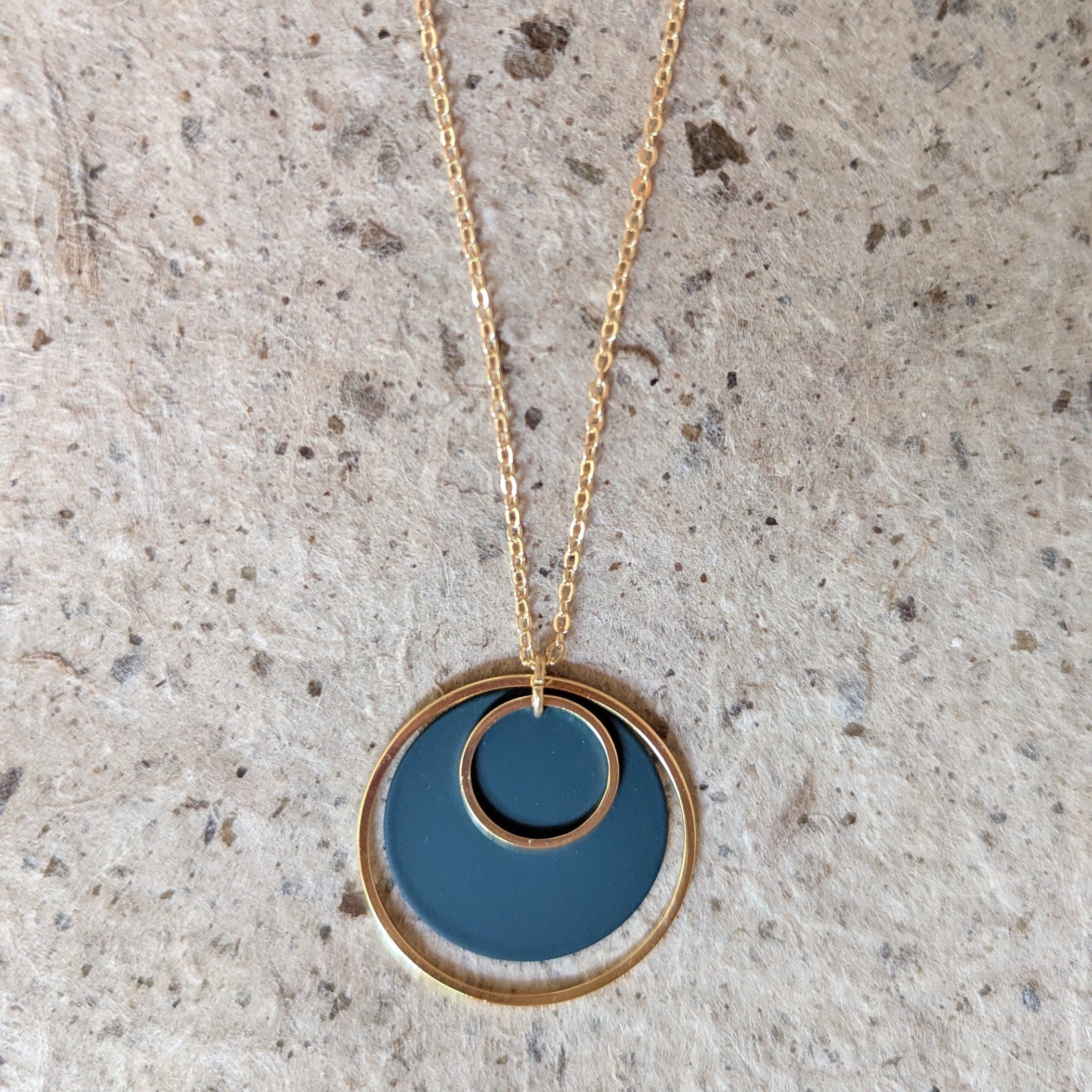 Colour & Brass Double Hoop Pendant Necklace - Teal