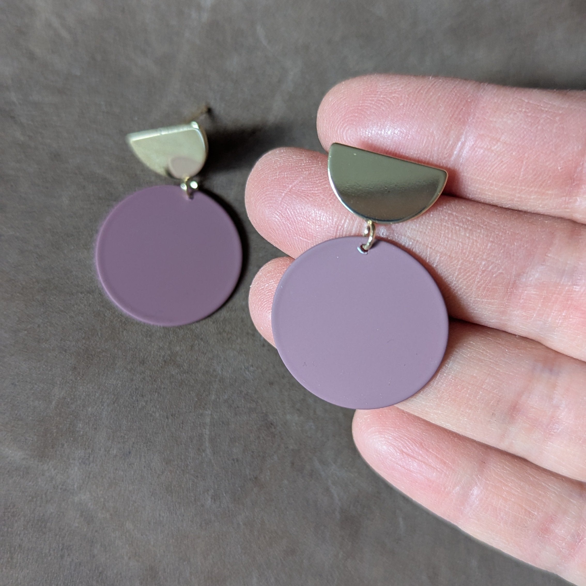 Colour Disc & Gold Semi Circle Stud Earrings - Dusky Pink