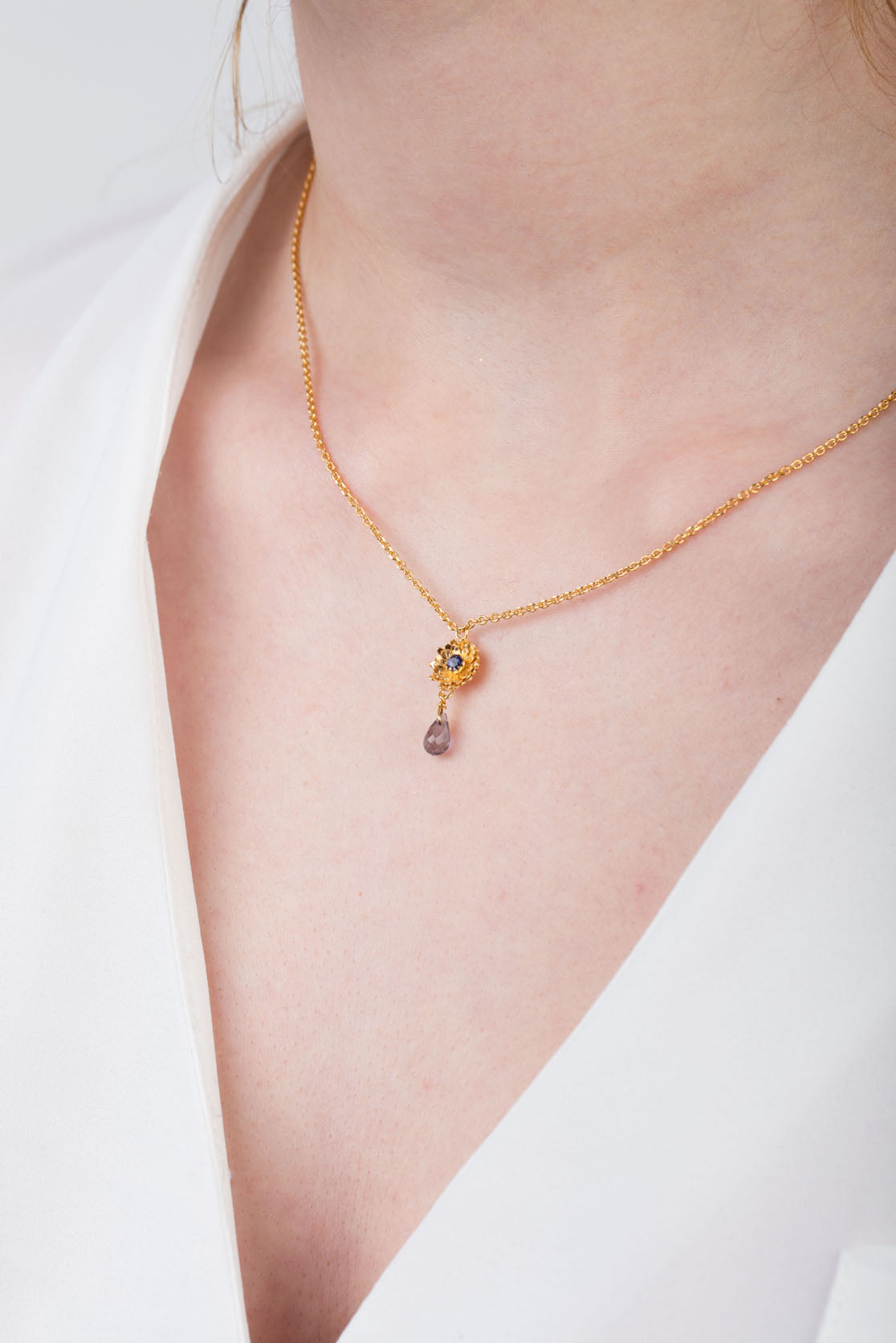 Gold Vermeil Dahlia Necklace With Iolite & Iolite Drop