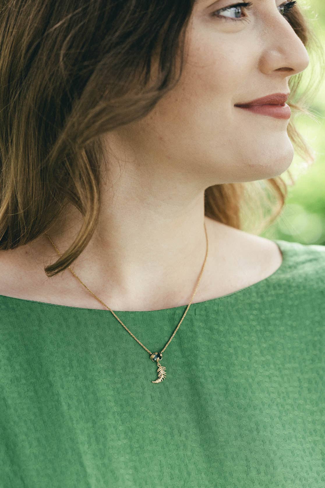 Green Tourmaline Necklace with Fern Drop in Gold