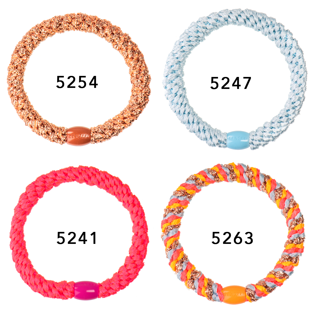 Set Of 4 Neon Pink, Baby Blue And Rose Gold Kknekki Hair Ties