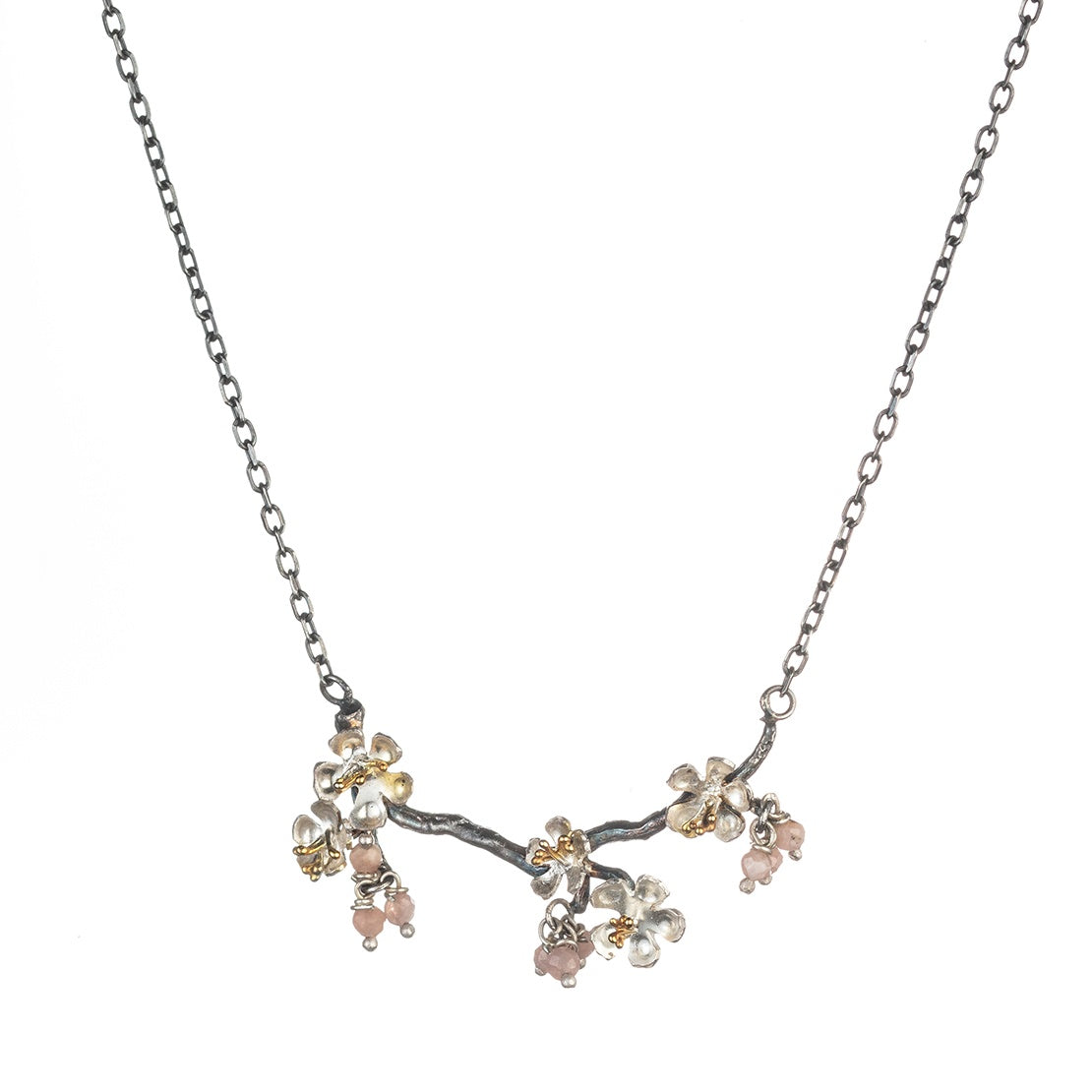 Oxidised Silver And Gold Vermeil Almond Blossom Branch Necklace