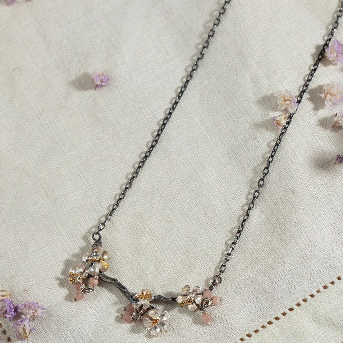 Oxidised Silver And Gold Vermeil Almond Blossom Branch Necklace