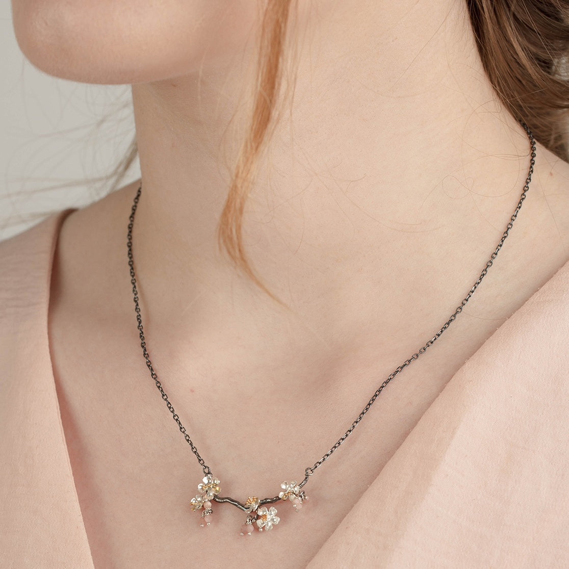 Oxidised Silver And Gold Vermeil Almond Blossom Branch Necklace