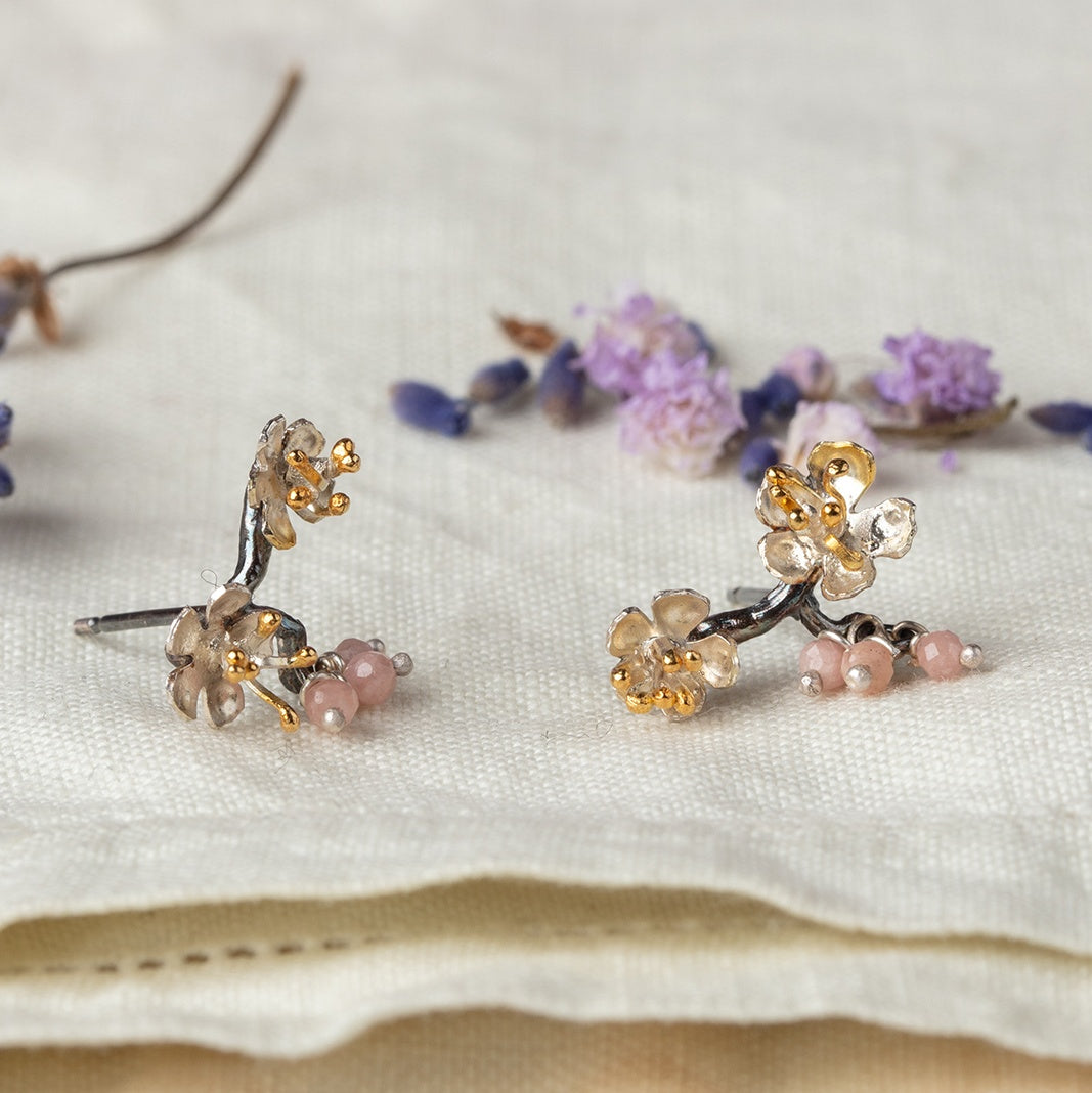 Oxidised Silver Almond Blossom Branch Earrings