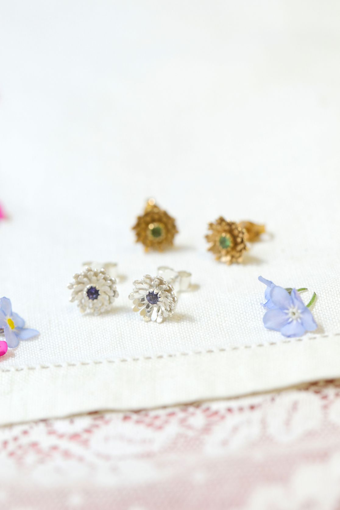Sterling Silver Dahlia Stud Earrings With Iolite Semi Precious Stone