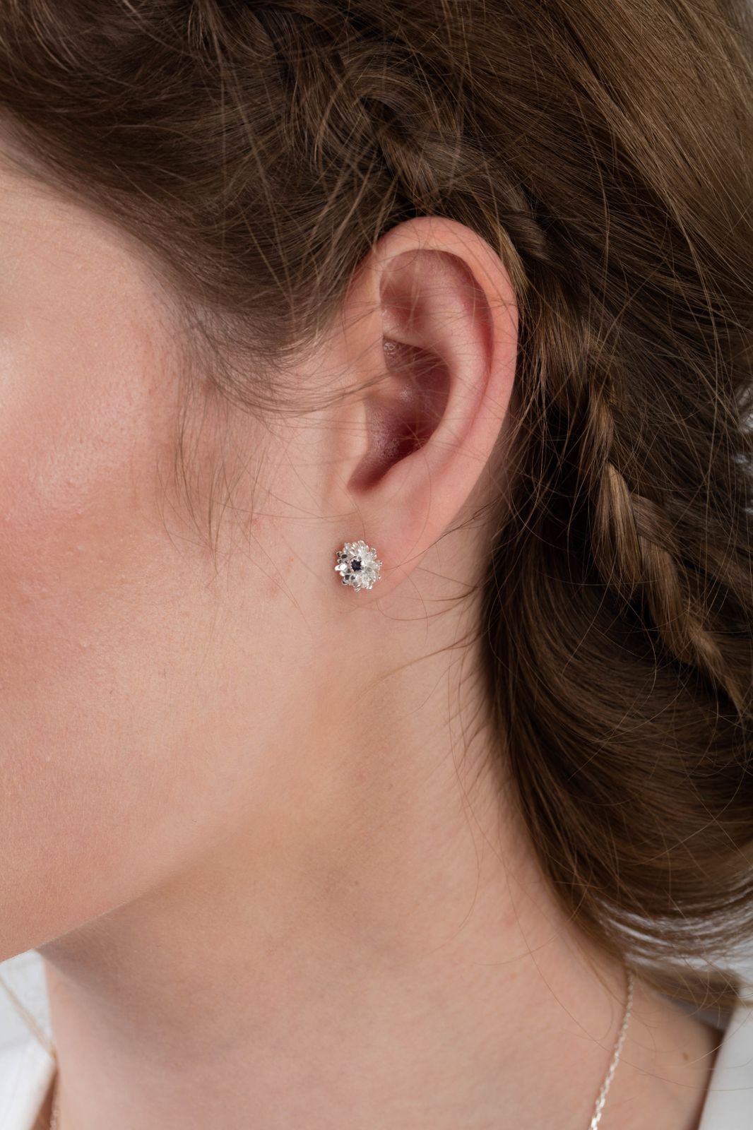 Sterling Silver Dahlia Stud Earrings With Iolite Semi Precious Stone